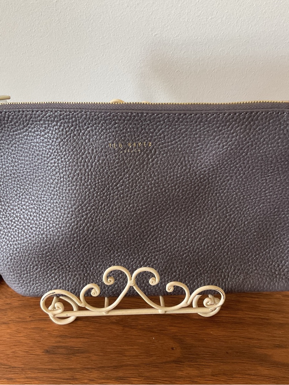 Ted Baker Dark Gray Pebbled Leather Zip Wristlet with Gold Accents